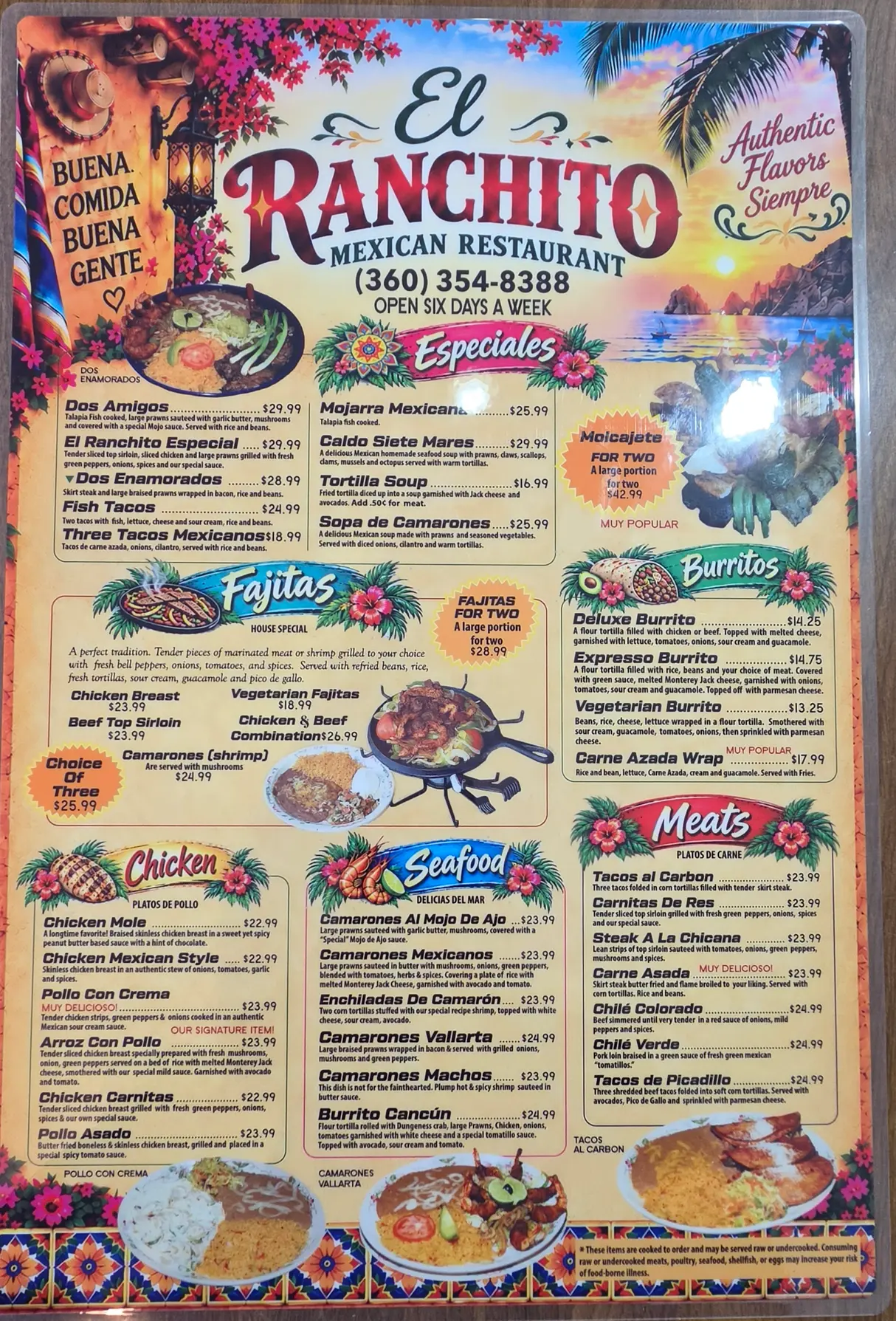 El Ranchito Dinner Menu Front Page
